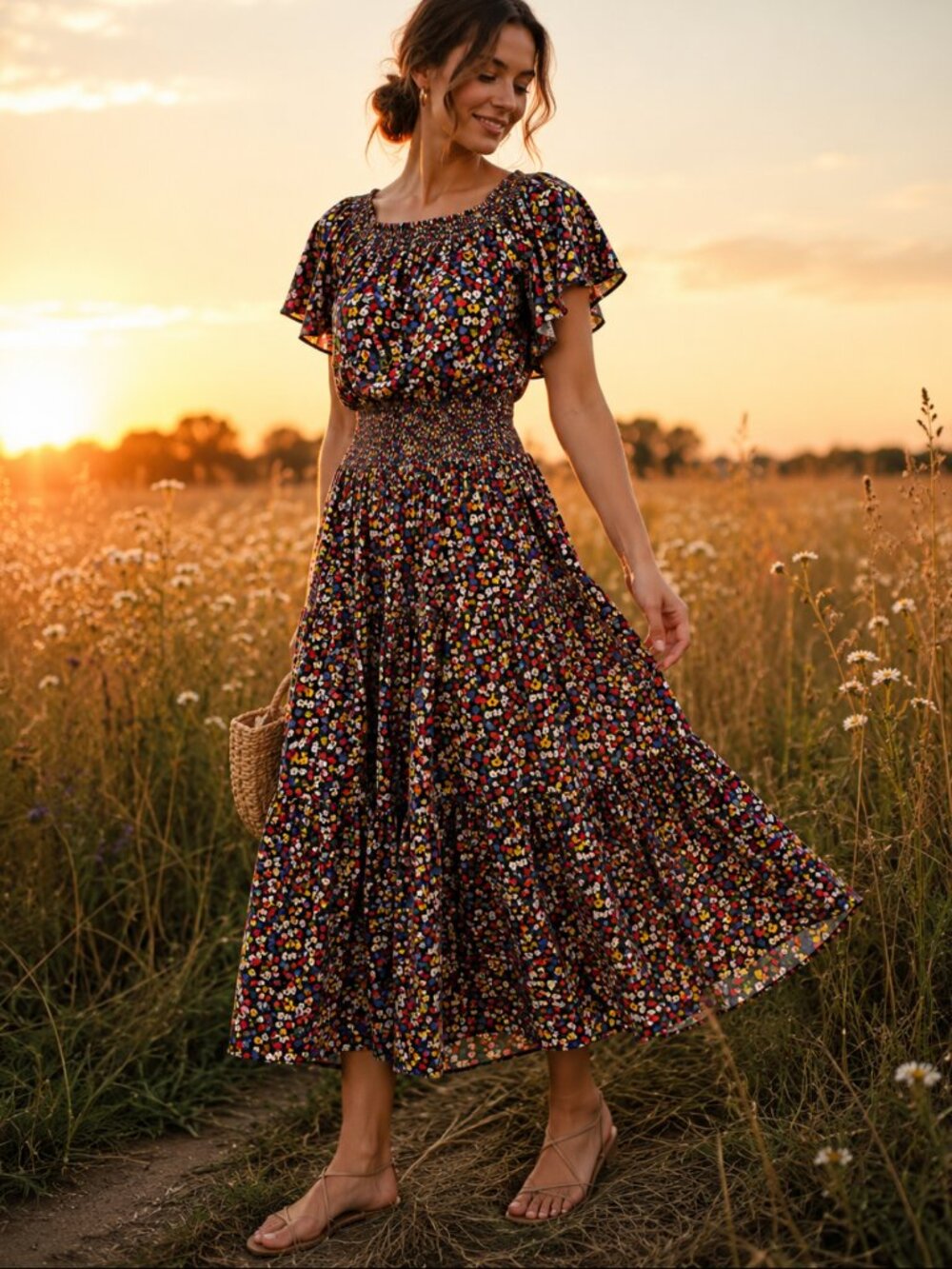 THE GREAT. ditsy floral flatter sleeve boho full skirt Dress Sz 0 runs bigger